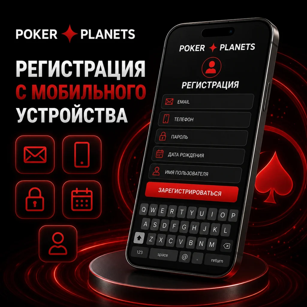 Баннер Poker Planets с регистрацией на мобильном устройстве и формой создания аккаунта