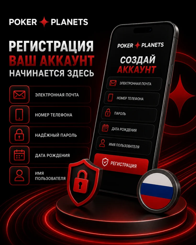 Баннер Poker Planets с формой регистрации аккаунта на смартфоне