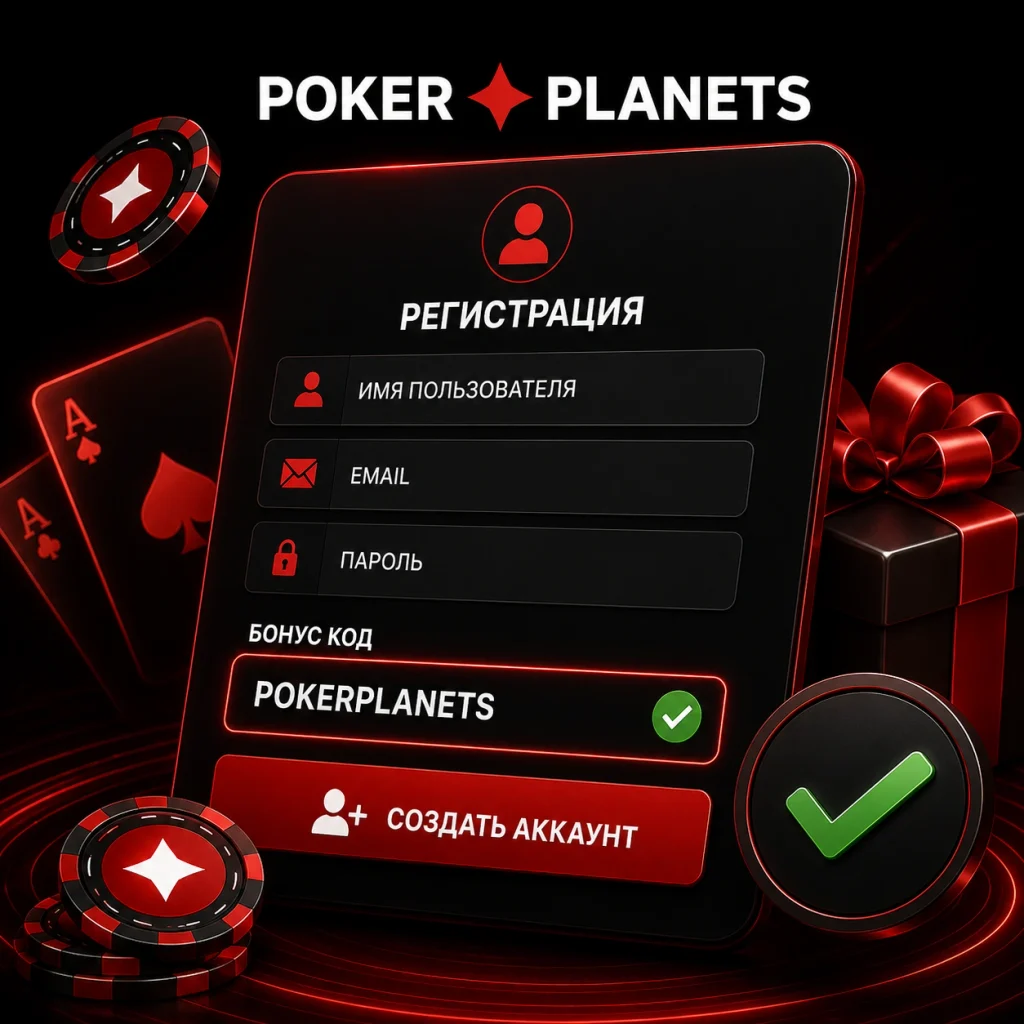 Баннер Poker Planets с формой регистрации, бонусным кодом и кнопкой создания аккаунта